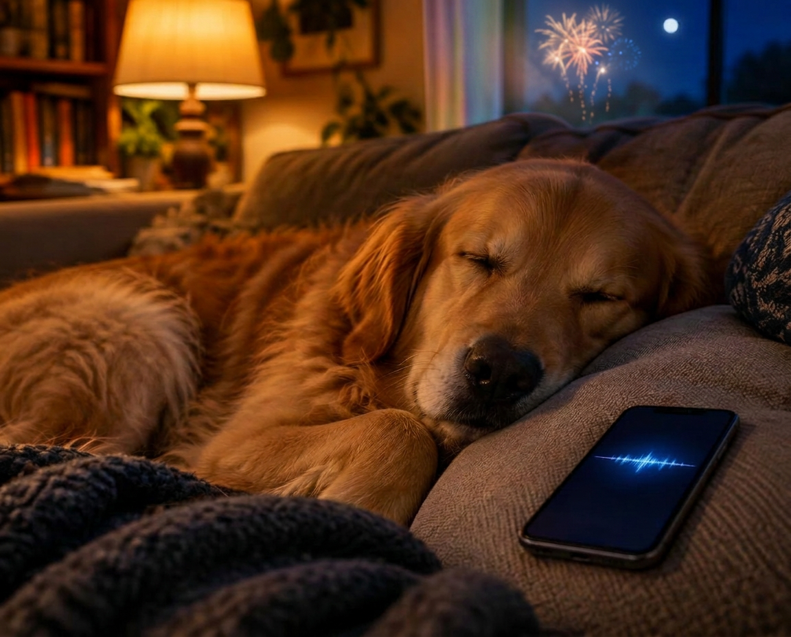 Rolig hund der sover på sofaen, mens fyrværkeriet lyser op uden for vinduet, med en telefon der afspiller lydtræning